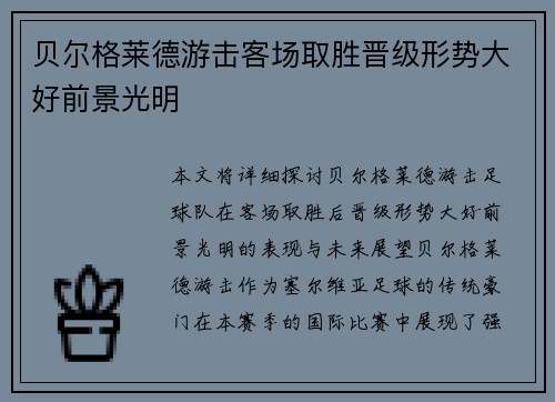 贝尔格莱德游击客场取胜晋级形势大好前景光明