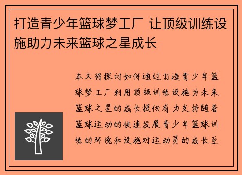 打造青少年篮球梦工厂 让顶级训练设施助力未来篮球之星成长