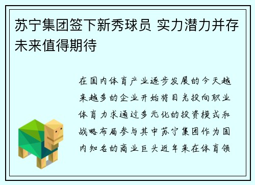 苏宁集团签下新秀球员 实力潜力并存未来值得期待