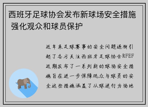 西班牙足球协会发布新球场安全措施 强化观众和球员保护