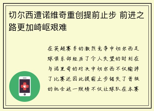 切尔西遭诺维奇重创提前止步 前进之路更加崎岖艰难